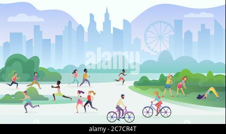 Physical sport outdoors activity in city public park. People are running, cycling and doing yoga. Sport and fitness, healthy lifestyle concept vector illustration Stock Vector