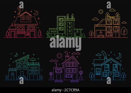 Set of gradient line urban and suburban houses isolated on black background outline vector illustration Stock Vector