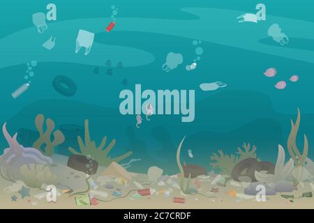 Plastic pollution trash under the sea with different kinds of garbage - plastic bottles, bags, wastes. Eco, water pollution concept. Garbage in the ocean flat vector illustration