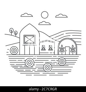 Agriculture farm in fields thin line concept logo template vector illustration Stock Vector