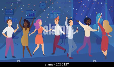 New year corporate party or birthday celebrating in office. Business team happy people celebrate vector illustration Stock Vector