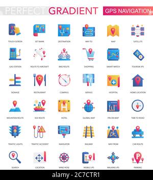 Vector set of trendy flat gradient GPS navigation, location icons Stock Vector