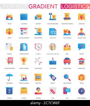 Vector set of trendy flat gradient Logistics, transportation, cargo, delivery icons Stock Vector