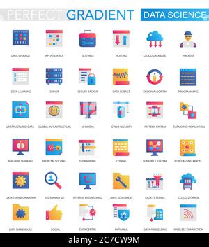 Vector set of trendy flat gradient data science icons Stock Vector