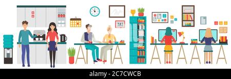 Coworking center interior concept. Business meeting in shared working environment. People talking and working at the computers in the open space office cartoon flat vector illustration Stock Vector