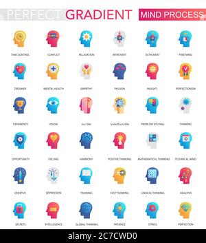 Vector set of trendy flat gradient Mind brain process icons Stock Vector