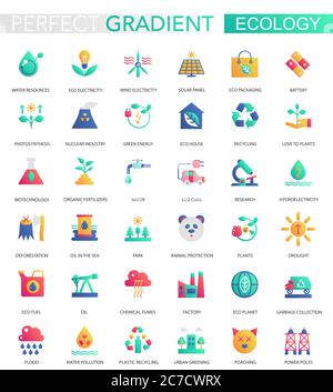 Vector set of trendy flat gradient Ecology and green energy icons Stock Vector