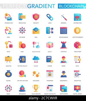 Vector set of trendy flat gradient Blockchain Cryptocurrency icons Stock Vector