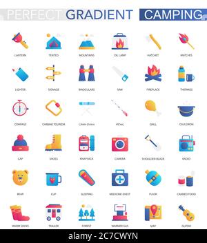 Vector set of trendy flat gradient summer camping icons Stock Vector