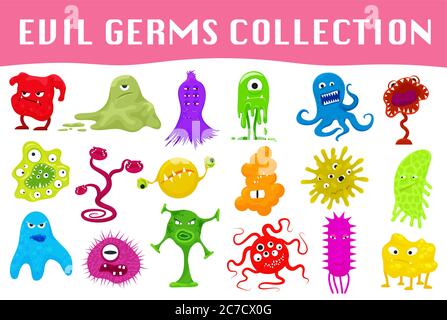 Set of cartoon style angry germs, viruses, microbes and monsters vector illustration Stock Vector