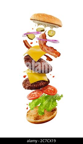 Layers of double cheeseburger isolated on white background Stock Photo