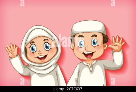 Happy muslim couple on colour gradient background illustration Stock Vector