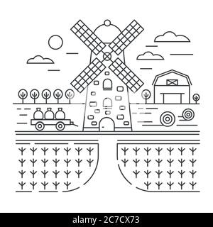 Thin outline line design of Farm logo template with rural agriculture landscape vector illustration Stock Vector