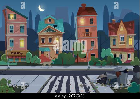 Night old city view with rubbish and dirty area at the street. Environmental pollution and ecology concept. Unfavorable abandoned residential area vector illustration Stock Vector