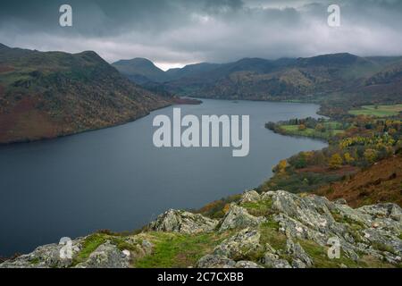 Ullswater lake from Yew Crag on Gowbarrow Fell in the Lake District National Park, Cumbria, England.
