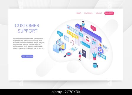 Customer support, online technical consumer assistance, technical service concept 3d isometric infographics vector illustration. People interacting with virtual screen charts Stock Vector