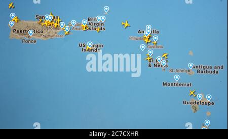 air traffic over caribbean islands (16 july 2020, UTC 12.31) on Internet with Flightradar 24 site, during the Coronavirus Pandemic period Stock Photo