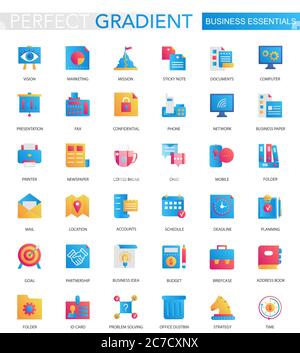 Vector set of trendy flat gradient Business essential icons Stock Vector