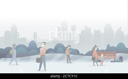 Sad people suffer from air pollution and wear protective masks. Industrial white smog fog city background. Fine dust, air pollution, pollutant gas emission, industrial smog vector illustration Stock Vector