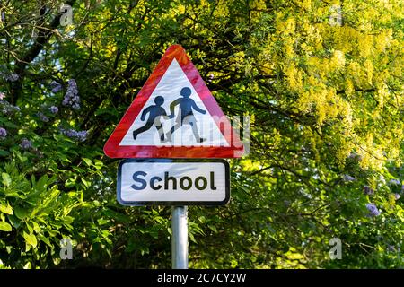 school sign in London, UK. Warning to slow down road sign with trees in the background Stock Photo