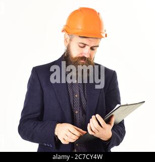 Construction Contractor Businessman with papers isolated on white background. Stock Photo