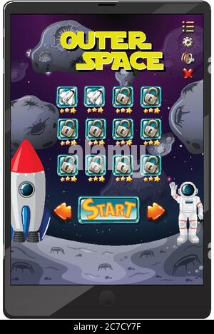 Outer space mission game on tablet screen illustration Stock Vector
