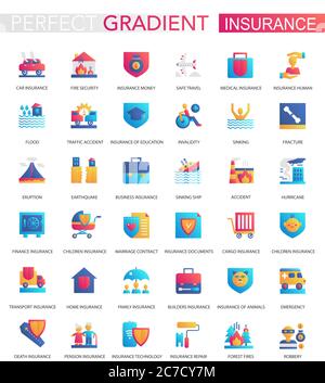 Vector set of trendy flat gradient Insurance icons Stock Vector