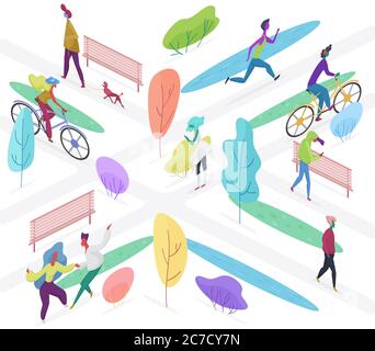 Isomeric people outdoor activity in public park. Walking with dog, riding bicycle and walking alone vector illustration Stock Vector