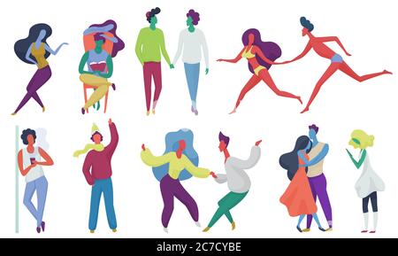 Tiny trendy abstract people couples in seasonal clothes. Men and women flat cartoon colorful vector illustration Stock Vector