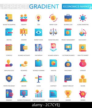Vector set of trendy flat gradient Economics market icons Stock Vector
