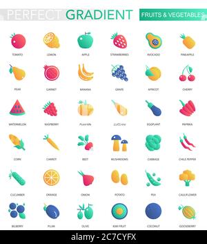 Vector set of trendy flat gradient Fruits and vegetables icons Stock Vector