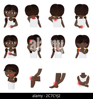 Body parts pain, child Diseases infographic set. Little black african american or brazilian girl kid feels pain in different parts of body flat vector illustration Stock Vector