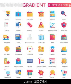 Vector set of trendy flat gradient Shopping retail icons Stock Vector