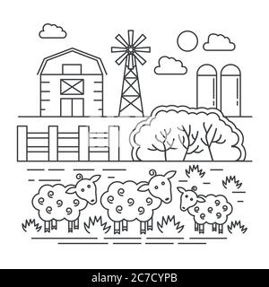 Agriculture farm with sheeps thin line concept logo template vector illustration Stock Vector