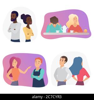 People couples during conflict quarrel or disagreement. Set of offended men and women quarreling, bickering each other cartoon vector illustration Stock Vector