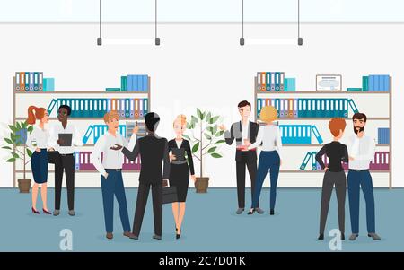 Multiethnic businessmen and businesswomen talking with each other while standing near shelves with folders in office Stock Vector