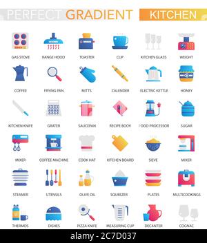 Vector set of trendy flat gradient Kitchen icons Stock Vector