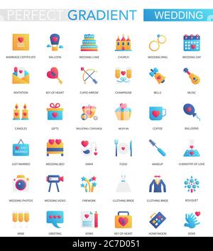 Vector set of trendy flat gradient wedding icons Stock Vector