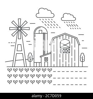 Agriculture farm with gardens thin line concept logo template vector illustration Stock Vector