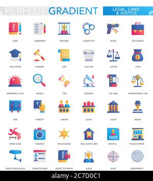 Vector set of trendy flat gradient Legal, law and justice icons Stock Vector
