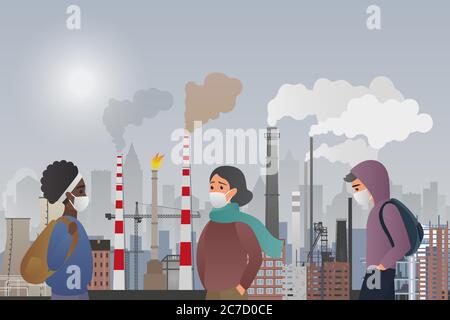 Young sad male and female people wear protecting masks suffering from manufacture pipes air polluting in the city. Industrial smog, fine dust, air pollution, pollutant gas emission Stock Vector