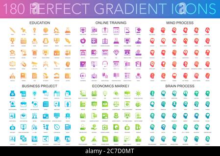 180 trendy perfect gradient icons set of education, online learning, brain mind process, business project, economics market Stock Vector