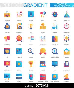 Vector set of trendy flat gradient Startup development icons Stock Vector