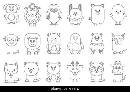 Black outline various adorable cartoon animals mammals and birds set vector illustration Stock Vector