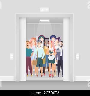 Group of young smiling people with phones, bags, flowers in the bright lighted modern crowded elevator with open doors vector illustration Stock Vector