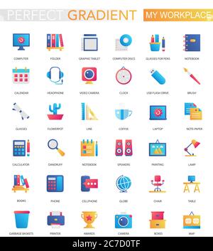 Vector set of trendy flat gradient my workspace or workspace icons Stock Vector