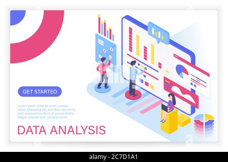 Data Analysis concept isometric illustration for internet website. Landing page modern template with people interacting with virtual screen charts Stock Vector