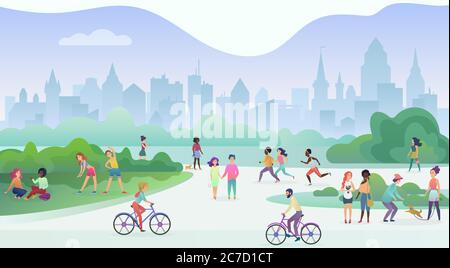 Group of people performing sports activities at park. Doing gymnastics exercises, jogging, talking and walking, riding bicycles, playing with pets. Modern public city park street vector illustration Stock Vector