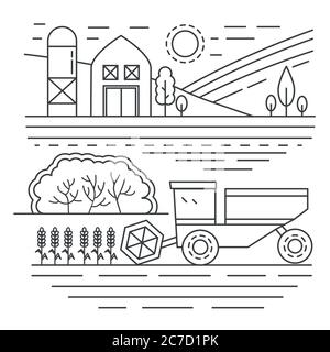 Agriculture farm thin line concept landscape template vector illustration Stock Vector