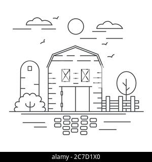 Agriculture farm in fields thin line concept logo template. Gardening, planting, horticulture banner vector illustration Stock Vector